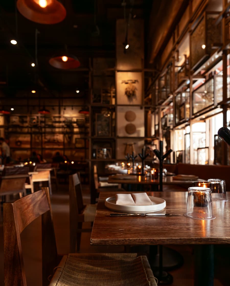 The dining room, wooden tables laid and the lamps on before service.