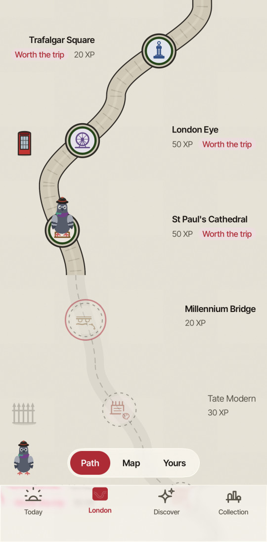 The Path: stops along a winding route through London, with Oscar standing on the one you have reached.